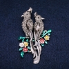 Parrots Brooch Enamel and Grey Rhinestones 42x67mm