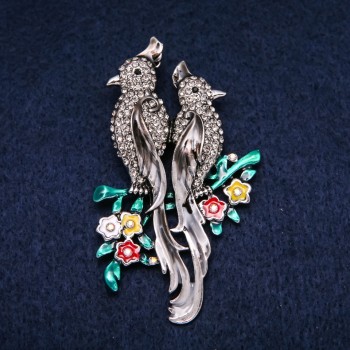 Parrots Brooch Enamel and Grey Rhinestones 42x67mm