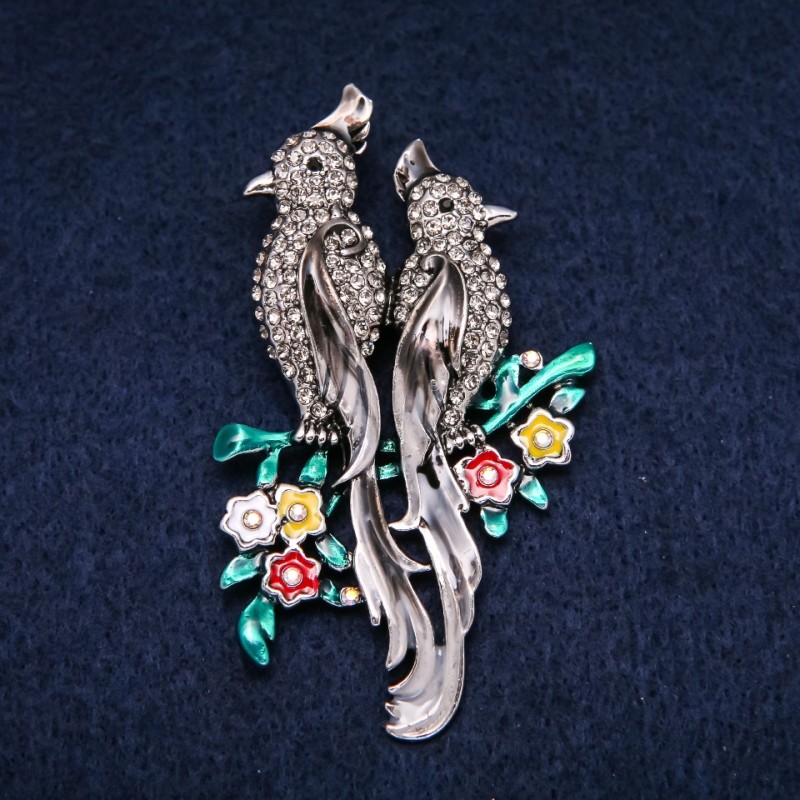 Parrots Brooch Enamel and Grey Rhinestones 42x67mm