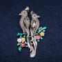 Parrots Brooch Enamel and Grey Rhinestones 42x67mm