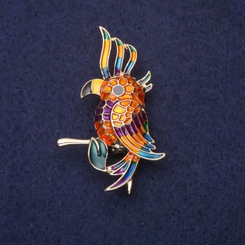 Parrot Brooch Enamel Orange Green Yellow Purple 50x30mm Gold-Tone Metal