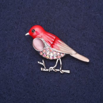 Bird Brooch with Cat's Eye Stone, Rhinestones, Enamel, Red Pink Chameleon Colour, 44x27mm Silver-tone Metal
