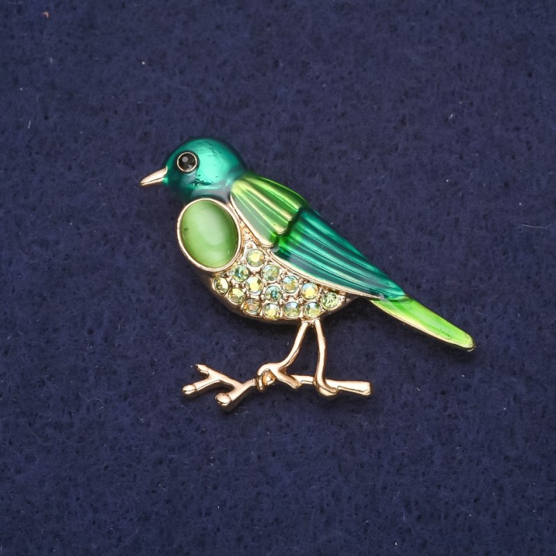 Bird Brooch with Cat's Eye Stone, Rhinestones, Enamel, Chameleon Green 44x27mm, gold-tone metal