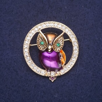 Brooch Owl in Circle enamel rhinestones colour white yellow purple green 36x40mm gold metal