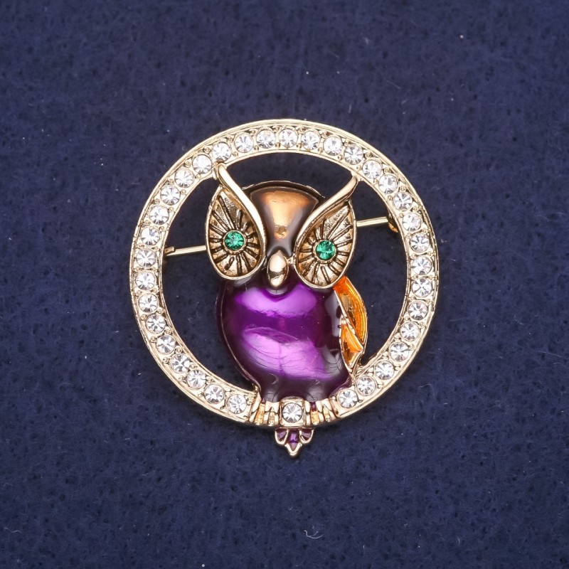 Brooch Owl in Circle enamel rhinestones colour white yellow purple green 36x40mm gold metal