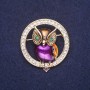 Brooch Owl in Circle enamel rhinestones colour white yellow purple green 36x40mm gold metal