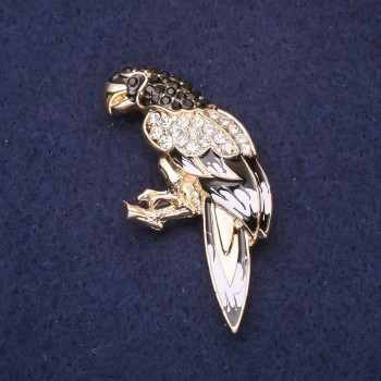 Parrot Brooch Enamel and Rhinestones Black and White 51x25mm Gold-Tone Metal