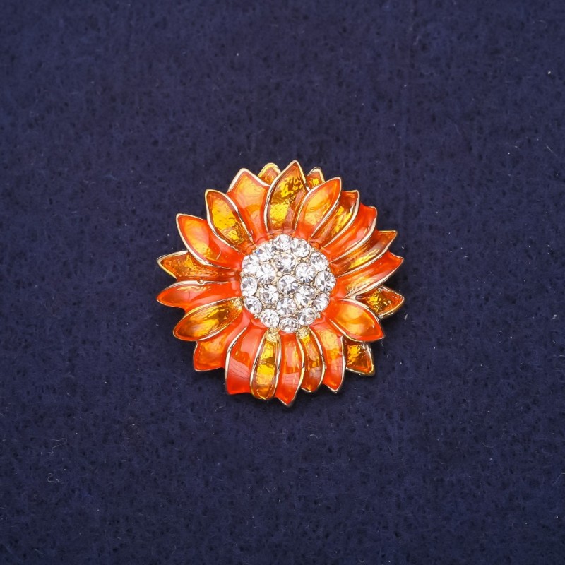 Flower Brooch with Crystals, Enamel, Orange, 29mm, Gold-Tone Metal