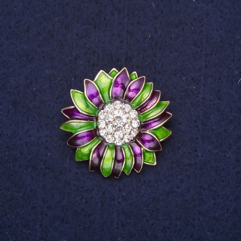 Flower Brooch with Crystals, Enamel, Green Purple, 29mm, Gold-Tone Metal