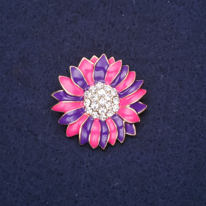 Flower Brooch with Crystals, Enamel, Raspberry Purple, 29mm, Gold-Tone Metal