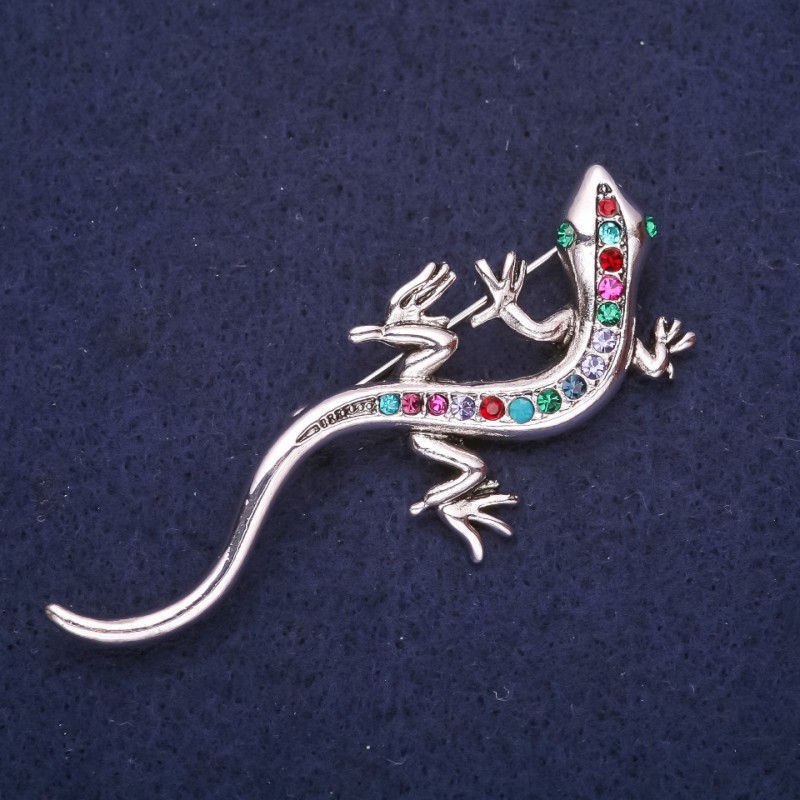 Lizard Brooch with Rhinestones, Turquoise Raspberry Green, 64x26mm Yellow Metal