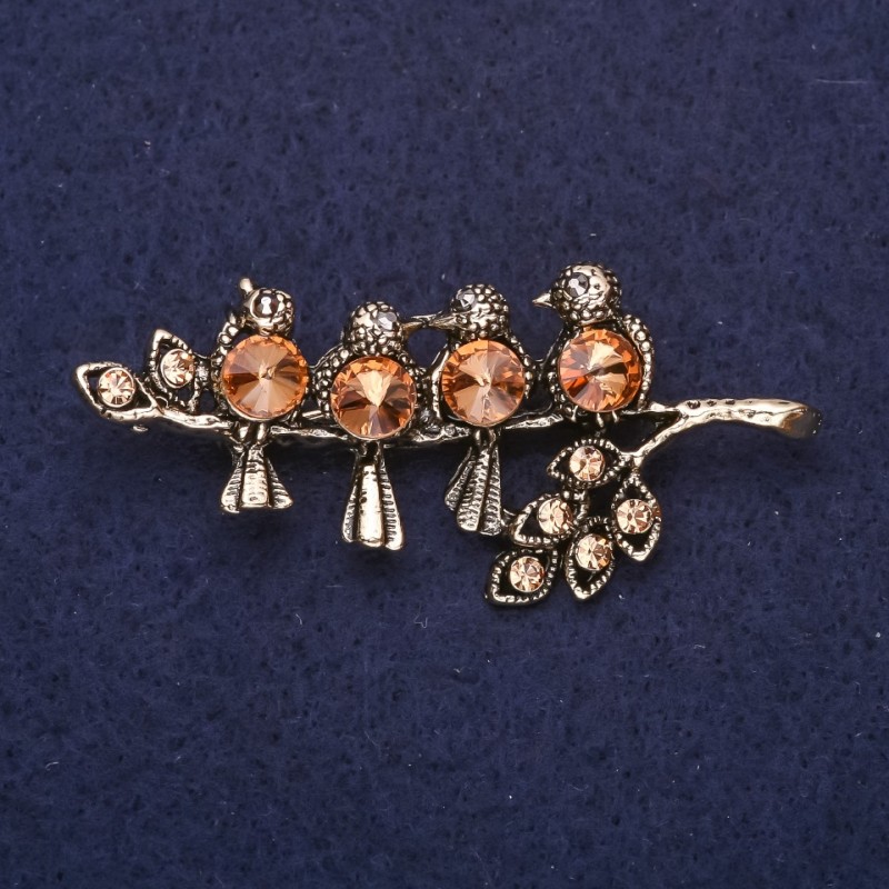 Birds on a Branch Brooch, Champagne Rhinestones, 55x25mm, Gold-Tone Metal