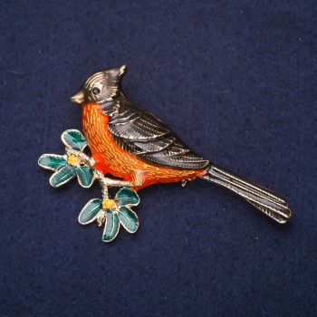 Bird on a Branch Brooch, Enamel, Orange Green Black, 69x48mm, Gold-Tone Metal