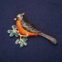 Bird on a Branch Brooch, Enamel, Orange Green Black, 69x48mm, Gold-Tone Metal
