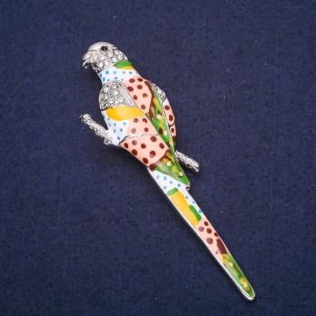 Brooch Parrot Polka Dot enamel rhinestones colour white blue green pink 90x25mm silver metal