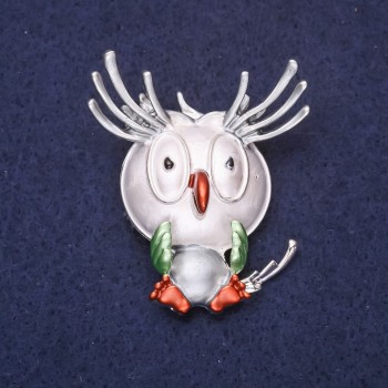 Brooch Owl "Good Morning" enamel rhinestones colour grey white brown green 47x38mm silver metal