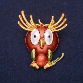 Brooch Owl "Good Morning" enamel rhinestones colour yellow brown green white 47x38mm gold metal