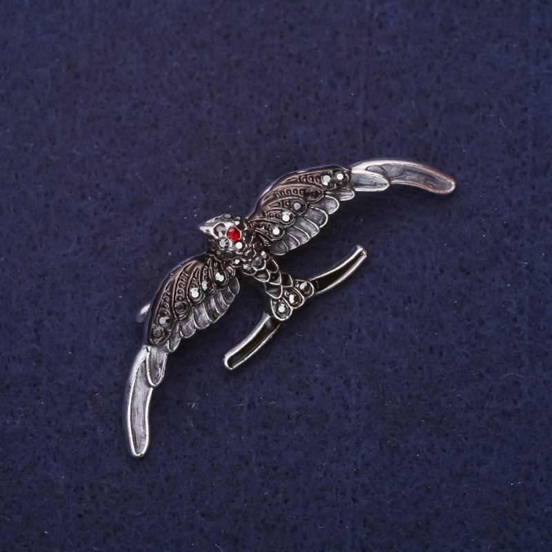 Swallow Brooch with Enamel & Crystals, Grey Black, 54x18mm, Silver-Tone Metal
