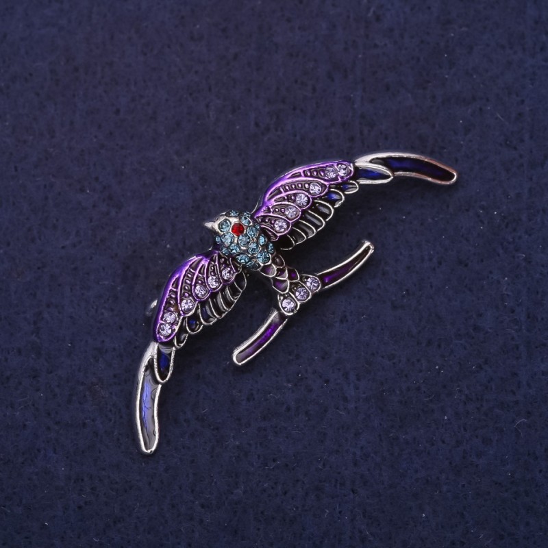 Swallow Brooch with Enamel & Crystals, Purple Blue Sky Blue, 54x18mm, Silver-Tone Metal