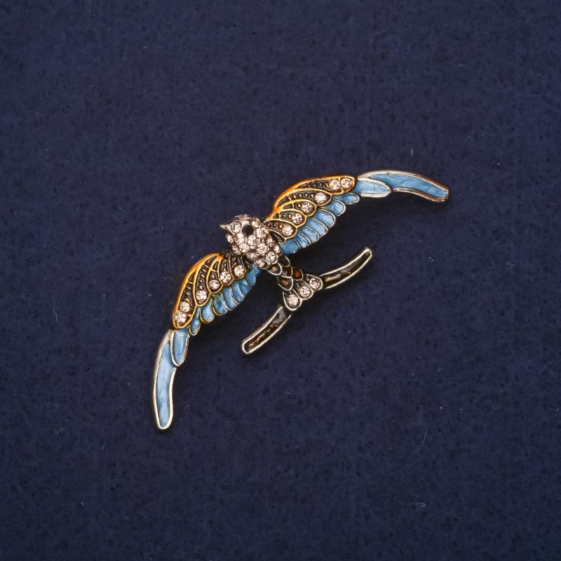 Swallow Brooch enamel rhinestones colour yellow blue 54x18mm gold-tone metal