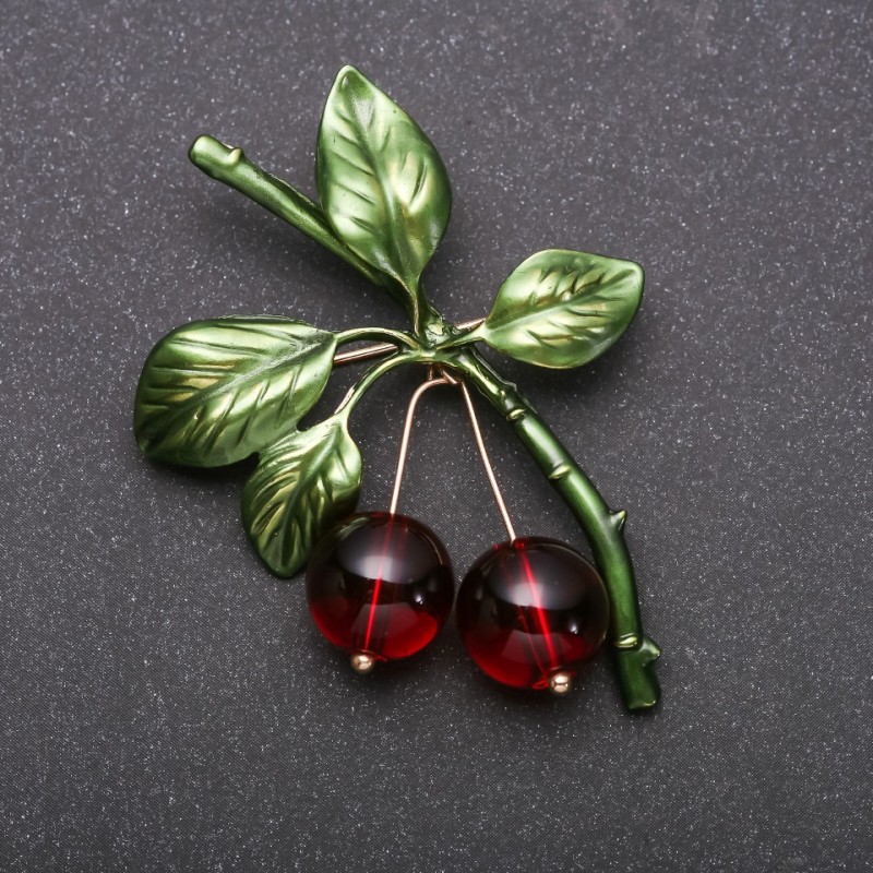Cherries Brooch Yellow Metal 55x43mm