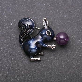 Squirrel with Amethyst Brooch, Blue Enamel, Silver-Tone Metal 35x40mm