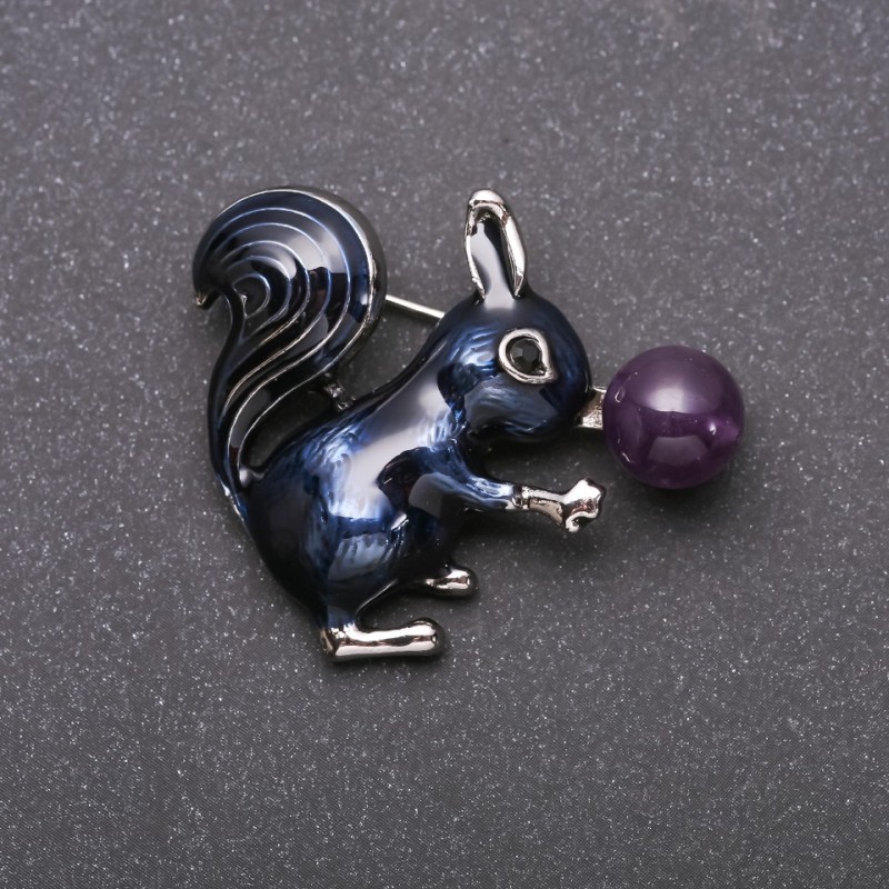Squirrel with Amethyst Brooch, Blue Enamel, Silver-Tone Metal 35x40mm