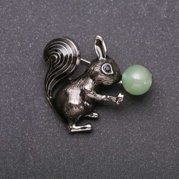 Squirrel with Jade Brooch, Black Enamel, Silver-Tone Metal 36x39mm
