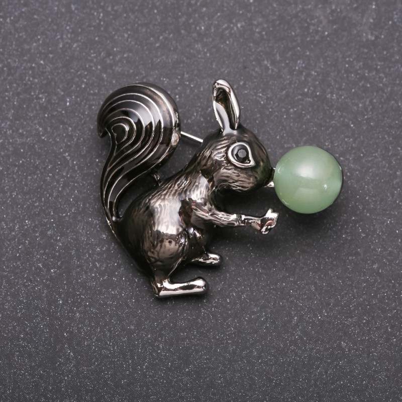 Squirrel with Jade Brooch, Black Enamel, Silver-Tone Metal 36x39mm