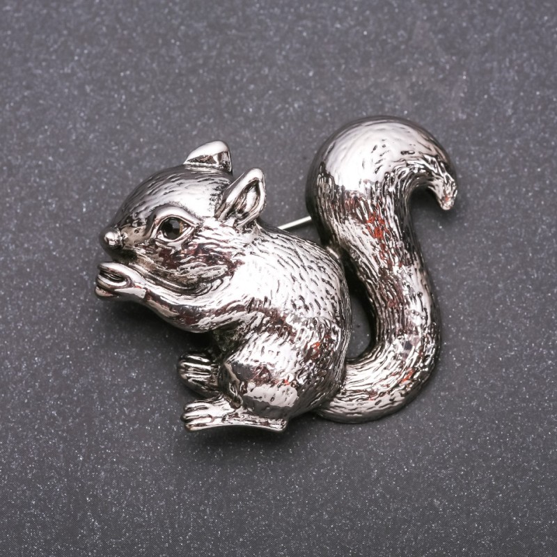 Squirrel Brooch, Grey Enamel, Silver-Tone Metal, 37x48mm