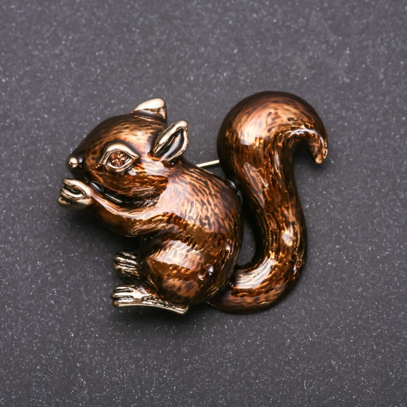 Squirrel Brooch, Brown Enamel, Gold-Tone Metal, 48x38mm