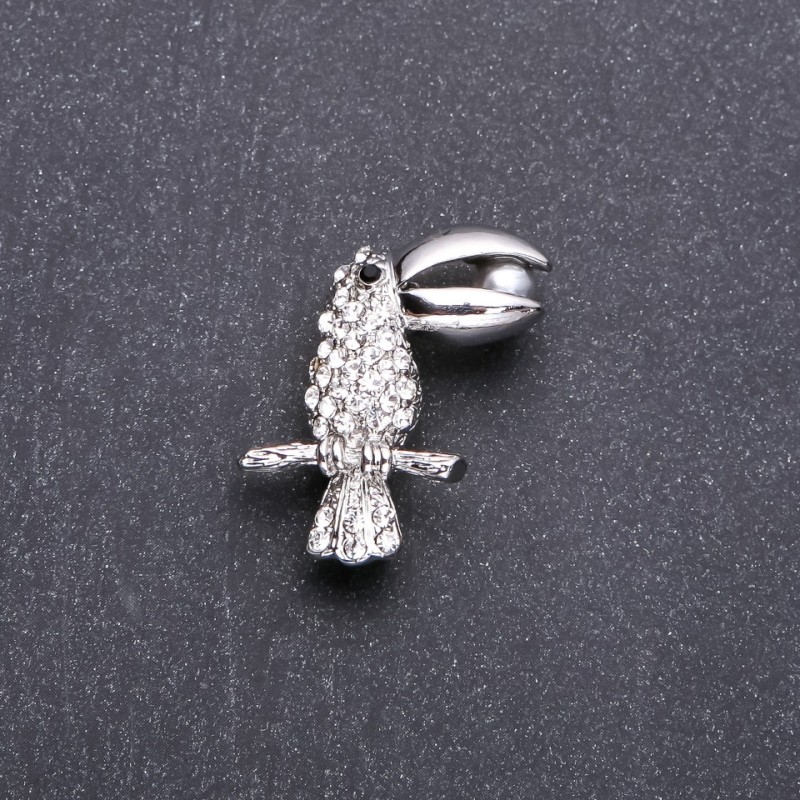 Toucan Bird Brooch White Rhinestones 32x20mm White Metal