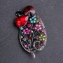 Leaf Brooch with Multicoloured Rhinestones and Red Crystal, 65x35mm Grey Metal