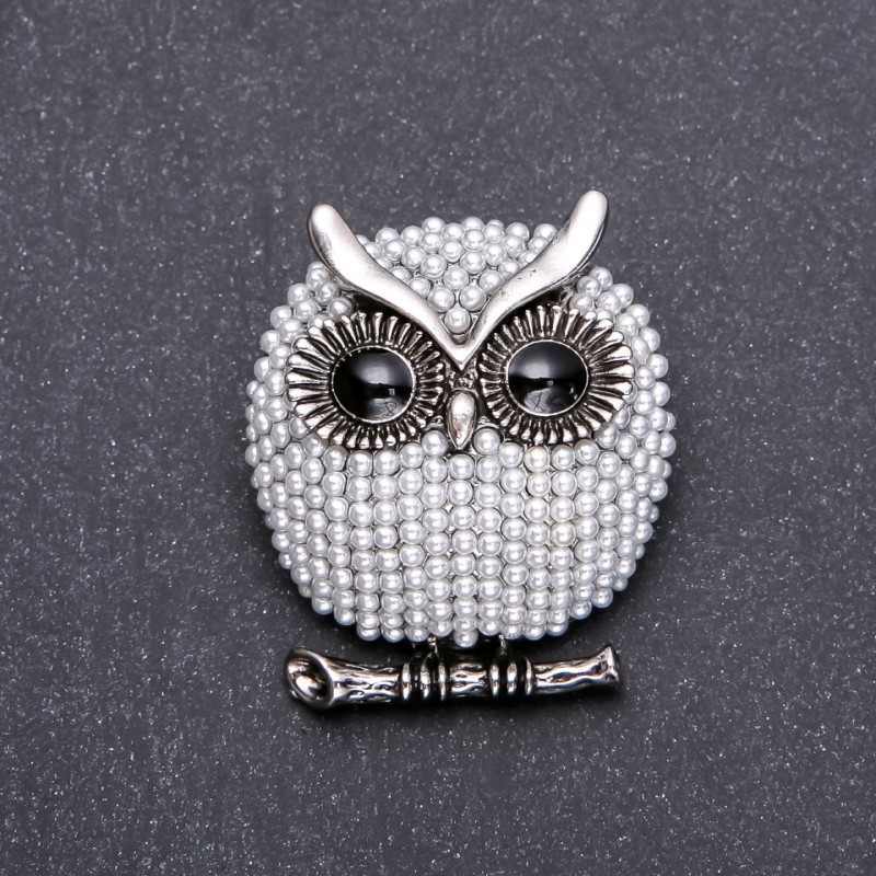 Owl Brooch with Beads 34x40mm, grey metal