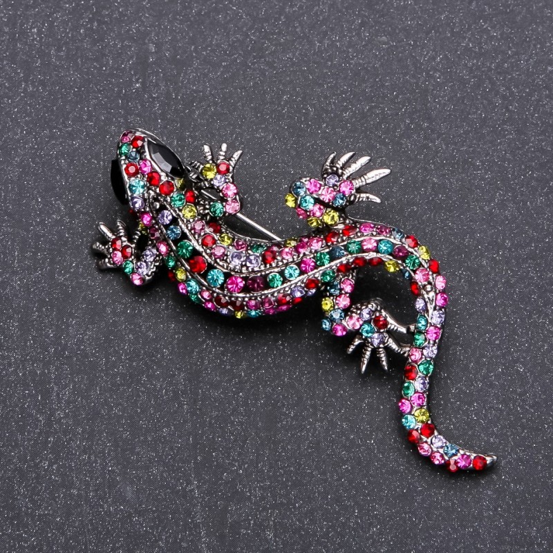 Lizard Brooch multicoloured rhinestones 62x28mm, grey metal