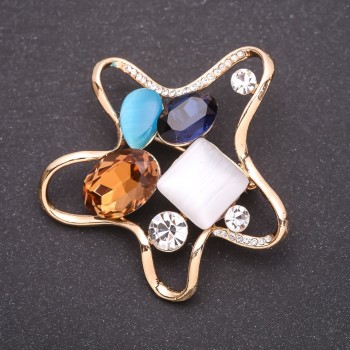 "Starfish" Brooch with Multicoloured Crystals, Yellow Metal 55x55mm