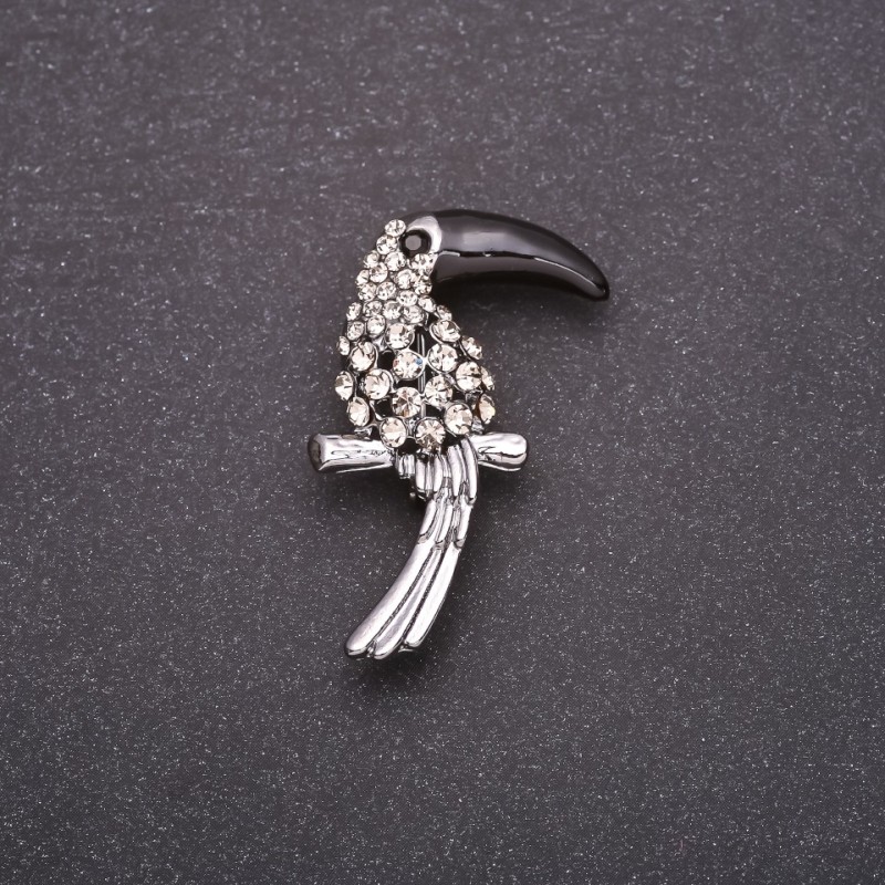 Toucan Bird Brooch with White Rhinestones, Black Beak, 38x23mm, Grey Metal