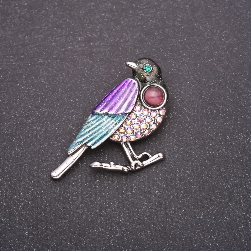 Brooch Bird Blue Tit rhinestones "petrol" 33x33mm grey metal