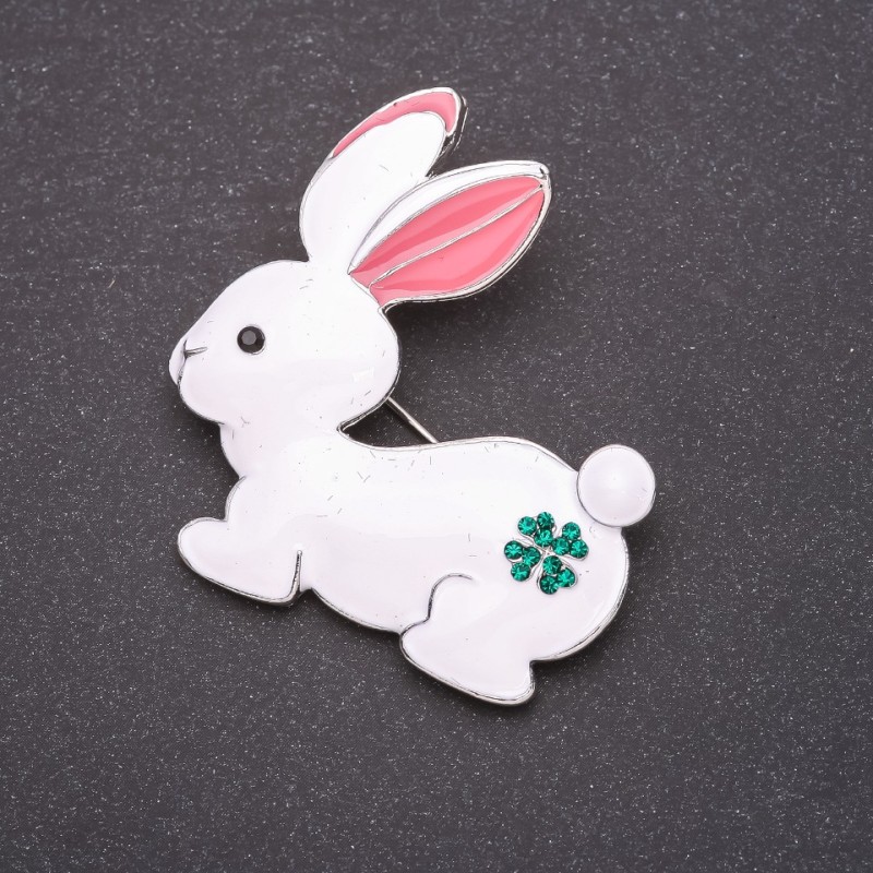 Bunny Brooch, White Enamel, 44x47mm, Grey Metal