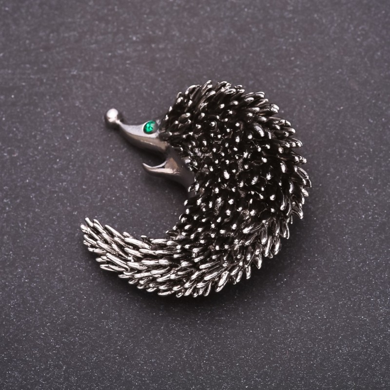 Pangolin Brooch with Green Rhinestones 43x43mm, Grey Metal