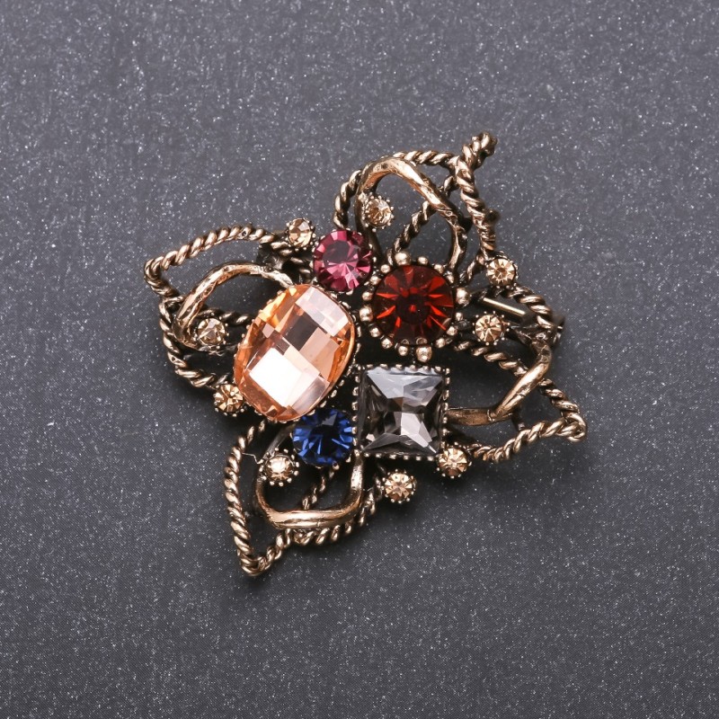 Order of Beauty Brooch with Multicoloured Crystals 50x48mm, Yellow Metal