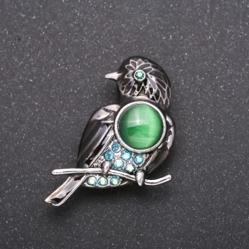 Bird Brooch with Blue "Chameleon" Rhinestones, Grey Metal 40x25mm