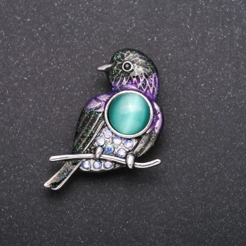 Bird Brooch with Lilac Chameleon Rhinestones, Grey Metal 40x25mm