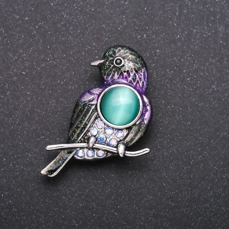 Bird Brooch with Lilac Chameleon Rhinestones, Grey Metal 40x25mm
