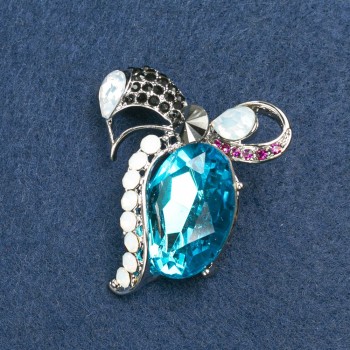 Bow Brooch in Silver-Tone Metal with Rhinestones and Crystal, 55x50mm +
