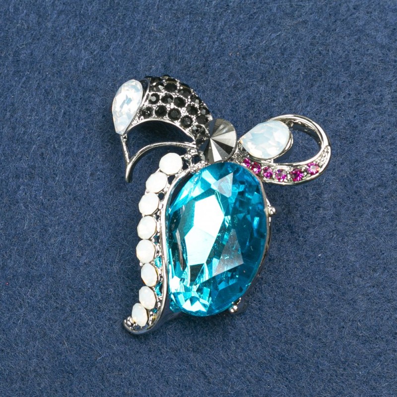 Bow Brooch in Silver-Tone Metal with Rhinestones and Crystal, 55x50mm +