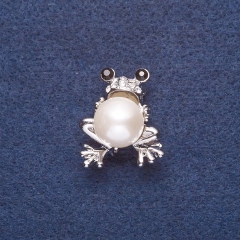 Frog with White Pearl Brooch, Silver-Tone Metal, 3x2.5cm