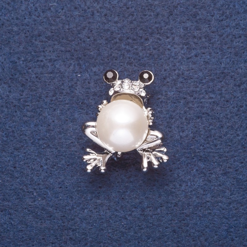 Frog with White Pearl Brooch, Silver-Tone Metal, 3x2.5cm