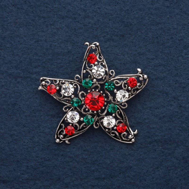 Accent Brooch, Multicoloured Rhinestones, Silver-Tone Metal, 5cm +/-