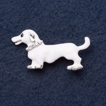 Brooch "Albino Dachshund" 4x2cm, rhinestones, white enamel, grey metal